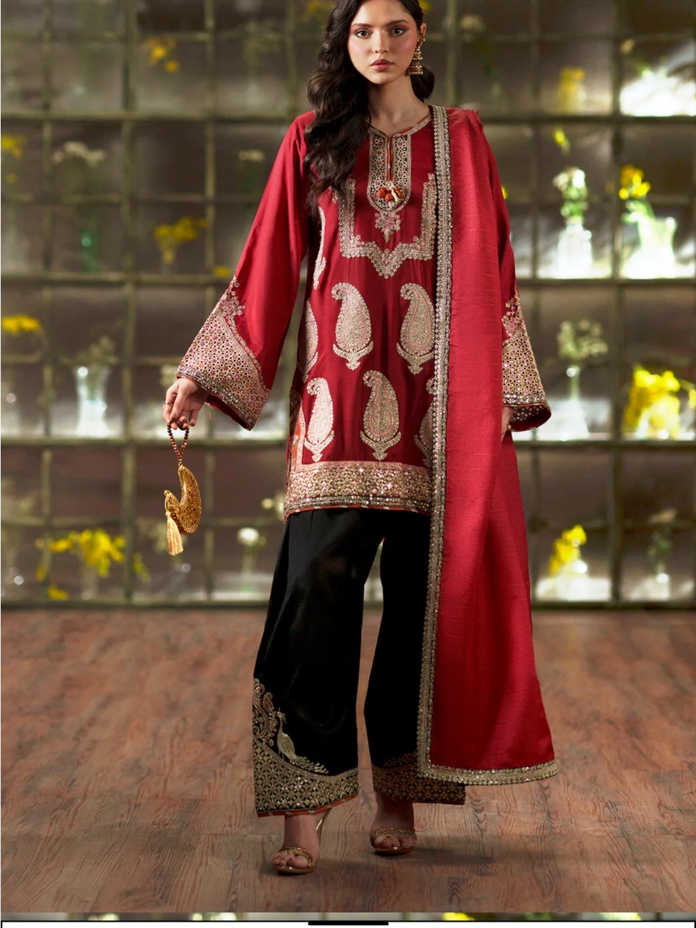Ethnic Indian Wear Red Embroidered Long Sleeve Kameez with Black Trousers